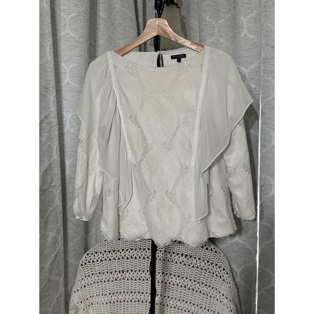 Massimo Dutti White Lace Ruffle Blouse Mid length Sleeve Scallop Hem Top Size 6